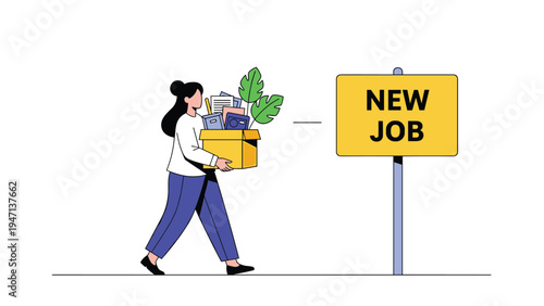 Woman carrying a box of office supplies walking towards a large sign that says new job symbolizing a career change or starting a new position.