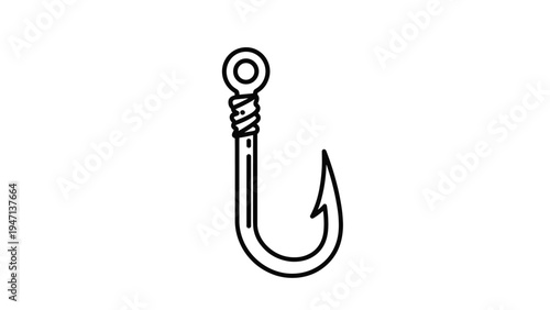 Black line drawing of a sharp metal fishing hook with a barbed tip on a white background for angling and sport fishing.