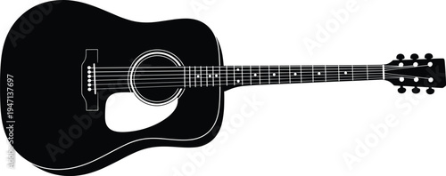 Acoustic guitar black silhouette vector illustration, musical instrument icon for country folk music, stringed wood guitar isolated on white background.