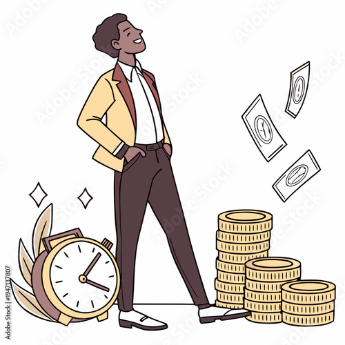 Confident entrepreneur standing with stacks of coins and money flying around