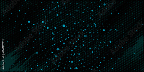 Dark abstract background with cyan glowing dots and halftone pattern, scattered particles forming a circular wave.