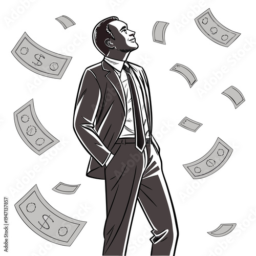 Man in suit surrounded by falling dollar bills money