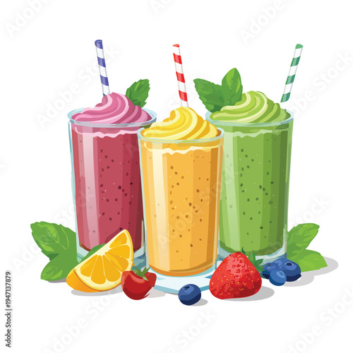 Colorful smoothie drinks with fresh fruits and mint leaves illustration