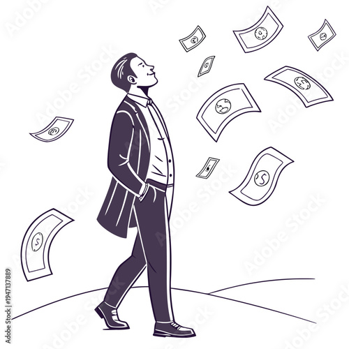 Man in suit walking with money floating around