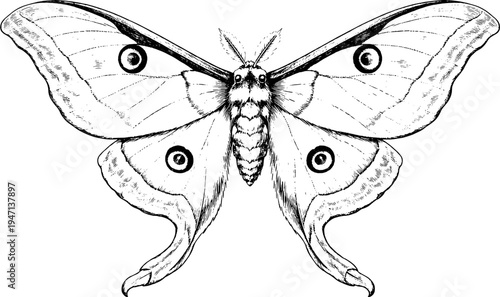 Victorian Engraved Luna Moth Scientific Illustration