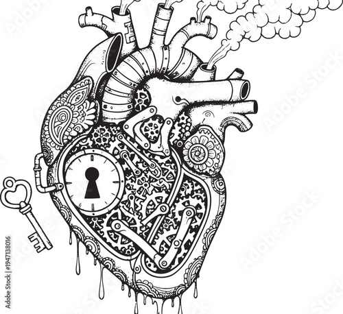 This intricate black and white drawing features a mechanical human heart blending biological anatomy with steampunk elements like gears cogs and a keyhole lock while smoke rises from industrial pipes 
