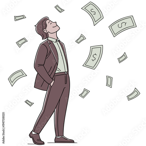 Cartoon man in brown suit laughing with money bills falling around