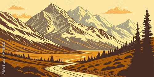 USA, US, U.S, United States - Denali Park Road Sunrise – Mountain Highway with Massive Snowy Peaks and Panoramic Wilderness in the United States