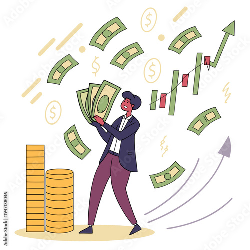 Cartoon man holding money with falling cash and rising stock graph