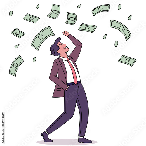 Cartoon businessman celebrating with money raining down