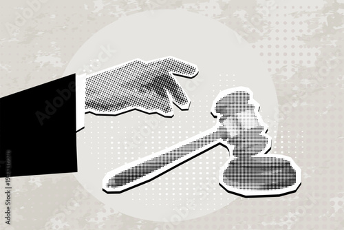 Trendy Halftone Collage Hand strikes judge's gavel. Verdict. Modern photo collage style. Vector illustration
