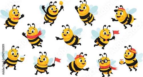 Cute cartoon bee characters collection with different poses holding honey flag and wearing scarf glasses headband playful insect mascot vector illustration set