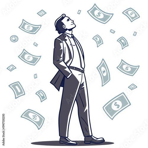 Wealthy businessman looking up at falling money dollars