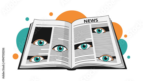 Open newspaper with several human eyes peering through cutouts in the pages, symbolizing media surveillance or gossip.