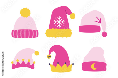 Set of cute pink winter beanies and party hats illustration in flat vector style
