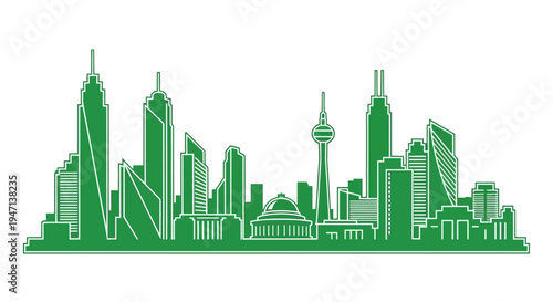 Flat green silhouette illustration of a city skyline with various skyscrapers and buildings on a white background.