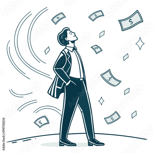 Businessman standing under falling money suit