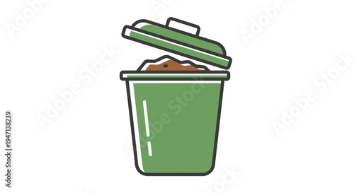 A green trash can with its lid open filled with brown waste on a plain white background in a simple graphic style.