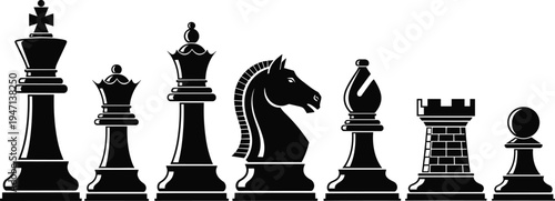 Chess pieces collection black vector illustration, king queen knight bishop rook pawn icons set, strategic board game symbols for competition.