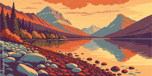 USA, US, U.S, United States - Lake McDonald Sunrise – Colorful Pebble Shoreline and Mountain Reflections in Glacier National Park, USA