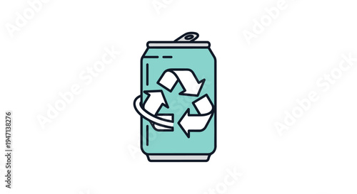 A simple line drawing of a teal soda can with a recycling symbol on a white background with a modern graphic style.