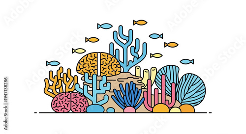 Colorful illustration of a vibrant coral reef with various sea anemones, fish, and coral formations on a white background.