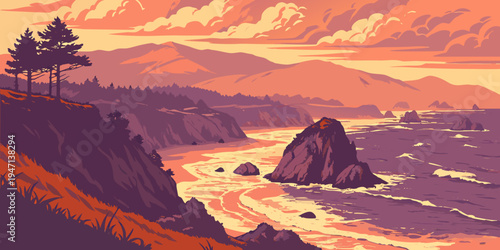 USA, US, U.S, United States - Pacific Northwest Coast Sunset – Rugged Sea Stacks and Dramatic Ocean Panorama in the United States