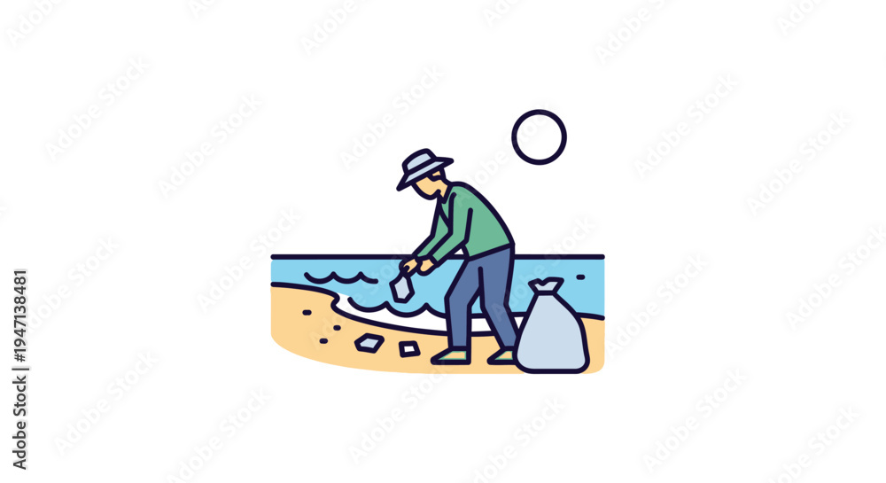 Fototapeta premium A man in a green shirt and hat collects trash on a beach with a bag beside him in a minimalist illustration.