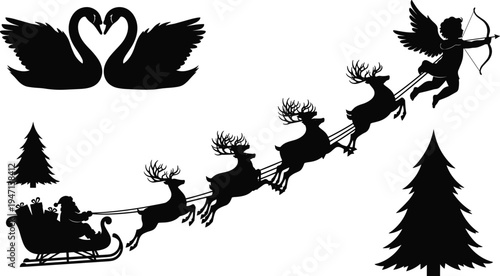 Christmas holiday silhouette set with Santa sleigh reindeer flying Cupid swan heart and pine trees for winter celebration festive card design