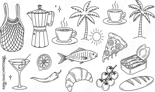 Collection of summer mediterranean food and travel elements including coffee pizza fish and palm trees in a hand-drawn vector illustration doodle art