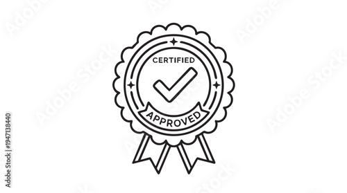 Simple black and white vector illustration graphic depicting a certified and approved quality assurance badge with a prominent checkmark symbol and flowing ribbon design elements.