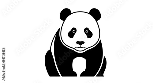 Black and white illustration of a panda bear sitting on a plain white background with a simple, graphic design style.