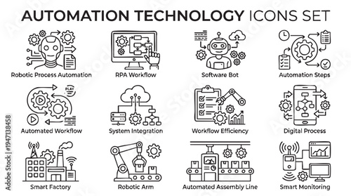 Automation technology icons set in line style for business and software design