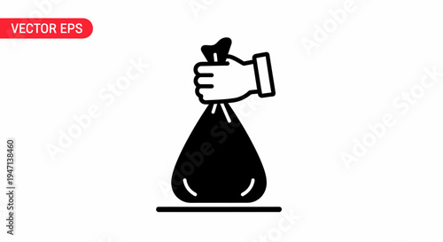 A hand holds a black bag with a dollar sign on top, depicted in a simple vector graphic style against a clean white background.