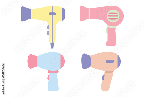 Colorful hair dryer collection for beauty salon and hair care flat vector illustration