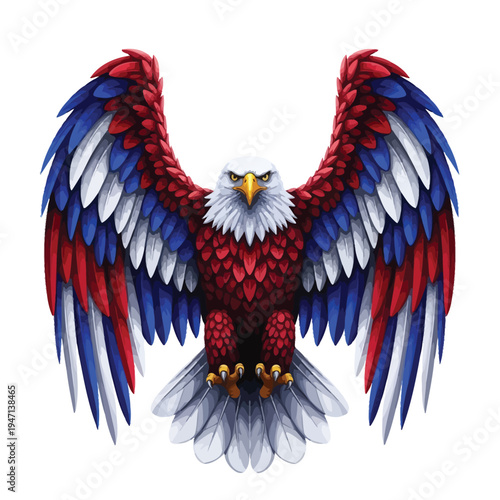Full body illustration of a bald eagle with patriotic red, white, and blue wings, symbolizing freedom, image represents freedom, courage, and the spirit of the nation