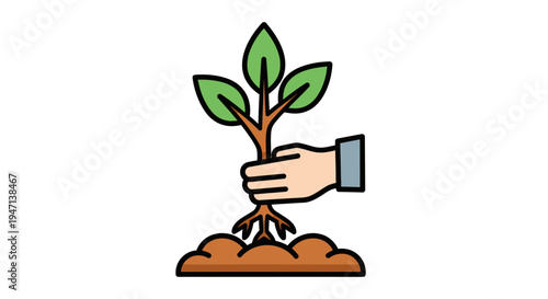 Flat illustration of a hand planting a sapling in brown soil with green leaves on a white background.