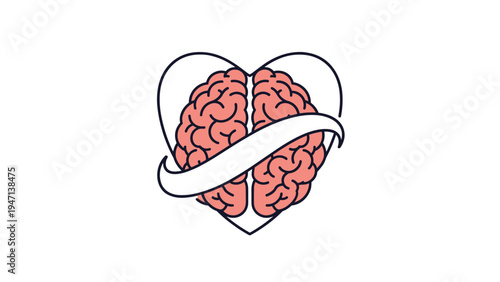 Human brain illustration contained within a heart outline with a white ribbon banner wrapped around the center of it.