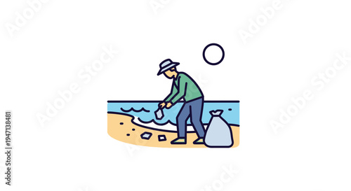A man in a green shirt and hat collects trash on a beach with a bag beside him in a minimalist illustration.