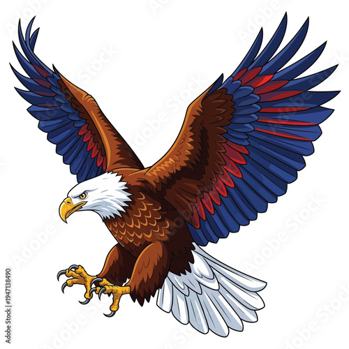 Bald eagle in flight, wings spread wide with patriotic red, white, and blue accents, symbol of freedom, united states