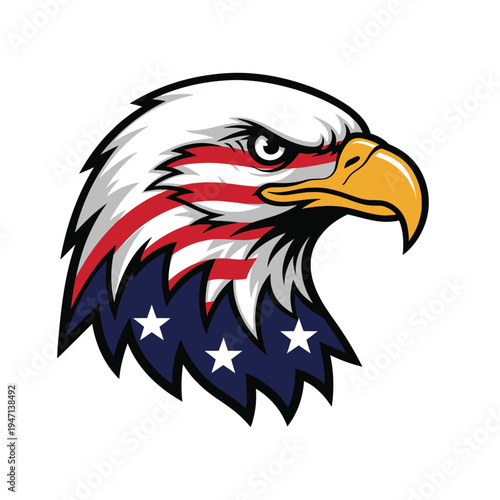 Stylized bald eagle head profile with patriotic stripes and stars, graphic emblem for national pride, sharp, modern emblem represents national pride and american spirit