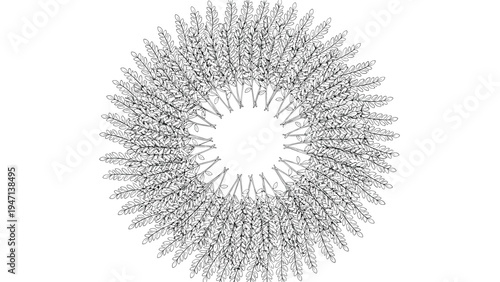 Detailed black and white circular mandala pattern composed of numerous overlapping leaves or feathers radiating from a central white void space.