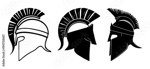 Roman centurion helmet silhouette set with a solid black shape featuring ancient warrior, military history, traditional design with sharp crest and historical headwear