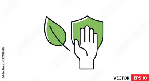 Vector illustration of a hand holding a green shield with a leaf, symbolizing environmental protection and safety.