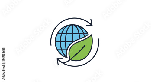 A simple illustration of a globe with a green leaf, surrounded by a circular arrow on a white background, symbolizing eco-friendly practices and sustainability.