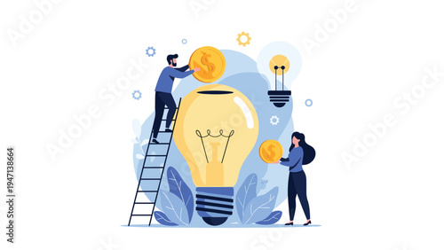 People working together to invest money into a giant light bulb piggy bank representing funding for innovation, creative ideas, and startups.
