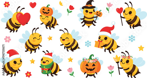 Cute cartoon bee characters collection with seasonal themes including Halloween pumpkin, Christmas Santa hat, gift box, hearts, flowers and stars playful vector illustration set