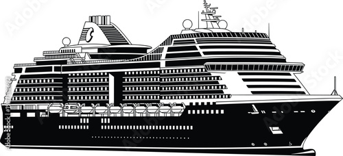 Cruise ship silhouette vector illustration, luxury ocean liner for travel and vacation, large passenger boat isolated on white background icon.