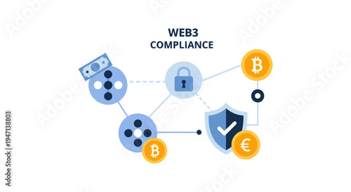 Web3 Compliance and Regulation Concept. Decentralized Finance (DeFi) Security, Blockchain Network, Cryptocurrency, and Legal Framework Diagram.
