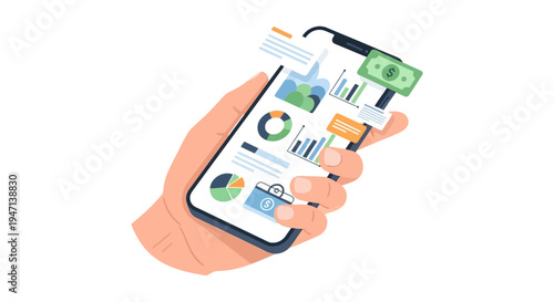 Mobile Financial Analysis App: Hand Holding Smartphone Displaying Charts, Data Dashboards, and Digital Business Management Tools.